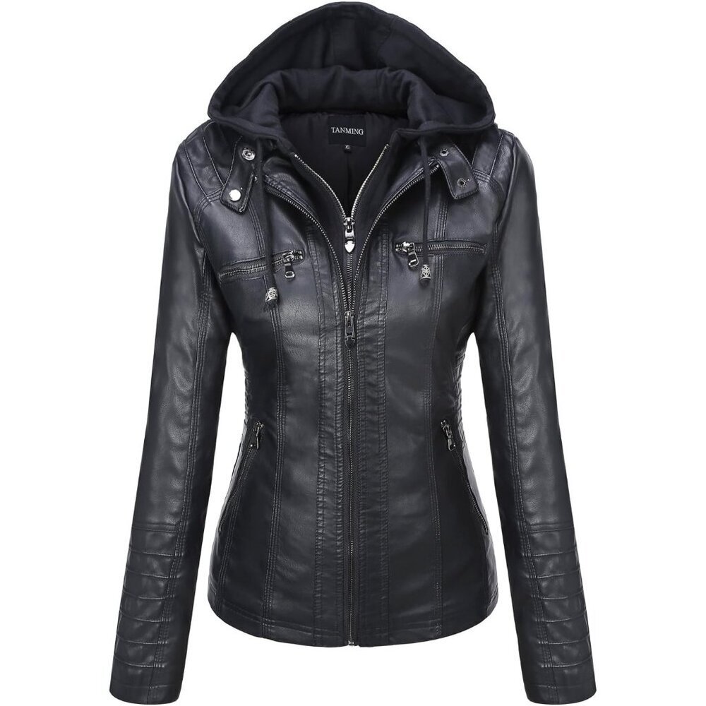 Women's Black Hooded Moto Biker Outerwear Fall Fashion Faux Leather Jacket